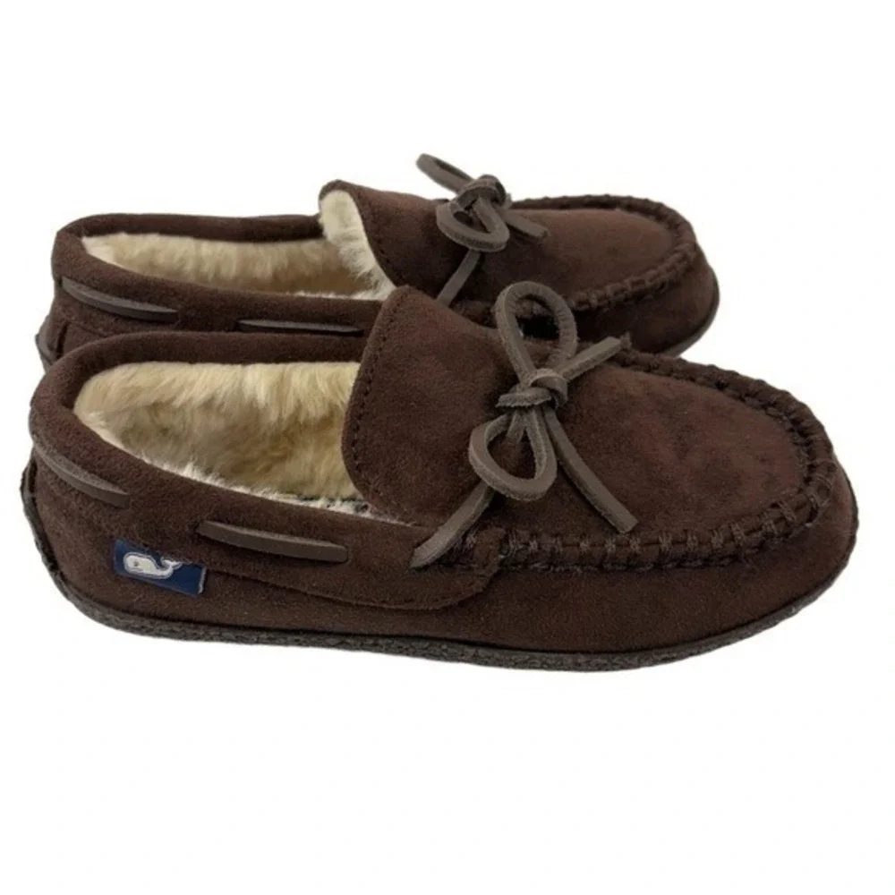 Vineyard Vines Kids 2M Brown Moccasin Slippers Faux Suede Faux Fur Lining